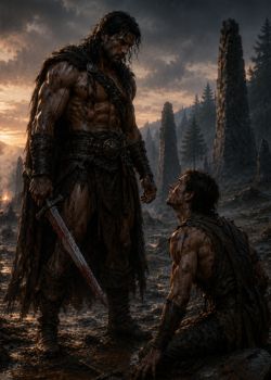 A battle-worn sword and sorcery warrior lowers his sword before a defeated young enemy in a muddy battlefield, capturing violent restraint and mercy with meaning in grounded heroic fantasy