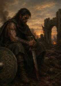 Bloodied Celtic warrior resting after battle in a grounded sword and sorcery combat scene, reflecting on violence, survival, and the cost of war beside ruined stone gates at dusk