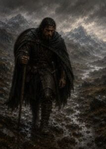 Exhausted Celtic warrior crossing rain-soaked mountains in a grounded sword and sorcery landscape, wearing a heavy cloak and worn gear through mud, cold, and harsh wilderness