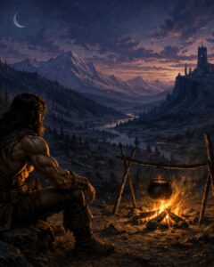 A lone warrior sits beside a campfire overlooking distant mountains and a ruined fortress, reflecting the timeless journeys beyond Sword & Sorcery Villains in classic fantasy adventure.