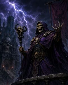 A skeletal sorcerer overlooking a dark fortress beneath crashing lightning represents the archetype of recurring Sword & Sorcery Villains in classic fantasy storytelling.