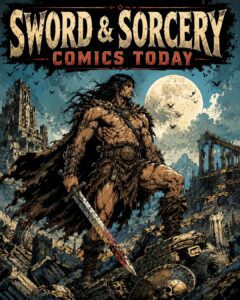 Modern Sword & Sorcery comics illustration showing a barbarian hero among ancient ruins, inspired by the legacy of Conan, Savage Sword of Conan, and contemporary fantasy comic art.