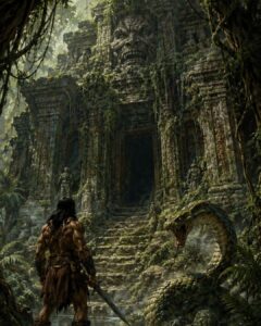 Sword & Sorcery Villains are represented by the unknown as a lone barbarian confronts a forgotten jungle temple guarded by a giant serpent beneath ancient stone ruins.