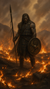 A lone warrior stands amid a landscape consumed by fire, gripping a spear and shield as flames spread across the darkened earth around him. Smoke and ash fill the sky, illuminating the scene in burning orange light. The image evokes one of the core symbols of sword & sorcery—fire—not merely as destruction, but as transformation, trial, and the forge through which heroes are made.