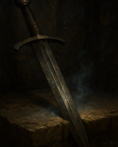 A weathered sword embedded in stone, its steel blade catching dim light and emitting a faint wisp of smoke. The image evokes the central symbol of sword & sorcery—steel—not just as a weapon, but as a representation of human will, courage, and the decisive power of action in shaping destiny.