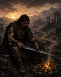 A battle-worn swordsman sits beside a dying campfire at sunset, sharpening his sword with a whetstone. His scarred armor, torn cloak, and weathered appearance speak of years of hardship and survival. Behind him stretch distant mountains, crumbling ruins, and winding roads disappearing into the horizon, evoking a long journey through a harsh and unforgiving world. No throne, crown, or magic is present—only a man shaped by experience and endurance.