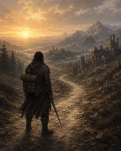 A solitary swordsman stands upon a dusty road at dawn, gazing across a vast wilderness of distant mountains, forests, and ancient ruins. Dressed in worn traveler's gear with a weathered cloak, backpack, and sword at his side, he appears more wanderer than hero. Warm golden light illuminates the rugged landscape ahead, suggesting countless trials and unknown roads waiting beyond the horizon.
