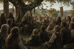 A Celtic bard recounts ancient tales to villagers during a spring gathering, reflecting the enduring role of oral tradition and folklore in fantasy.