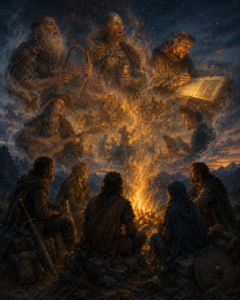 A fantasy illustration of travellers gathered around a campfire at twilight, listening as storytellers from different ages emerge from the rising embers depicting stories from history to legend
