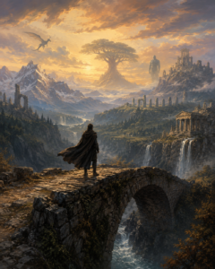 A lone cloaked traveller stands upon an ancient weathered stone bridge at twilight, overlooking a vast mythic landscape representing timeless mythology in fantasy.