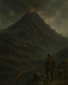 A lone swordsman overlooking a smouldering volcanic mountain, illustrating how history in fantasy is shaped by ancient landscapes, time, and forgotten civilizations.