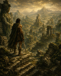 A painterly fantasy landscape depicting an ancient stone road winding into mist beneath towering oak trees at dawn depicting history to legend
