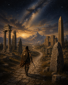 A solitary bronze-age warrior walks along an ancient road toward distant mountains beneath an immense star-filled sky representing timeless mythology in fantasy.