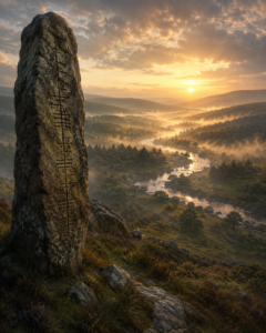A solitary druidic standing stone overlooking a misty Celtic valley at dawn, engraved with faint ancient Ogham-like carvings depicting language in fantasy.