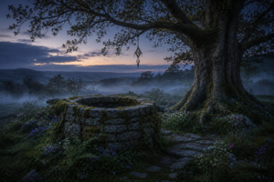 A solitary stone well beside an ancient oak at twilight, moss-covered stones, wildflowers and ferns surrounding, with a small woven charm hanging from a nearby branch reminiscent of Celtic folklore.