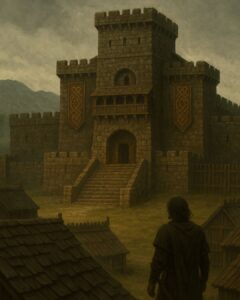 A solitary warrior standing before an ancient clan keep, representing history in fantasy through forgotten kingdoms, enduring strongholds, and the passage of time.