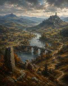 A vast fantasy landscape viewed from a high ridge an ancient stone bridge crossing a broad river, scattered villages, and rolling mountains in the distance, depicting language in fantasy worlds.