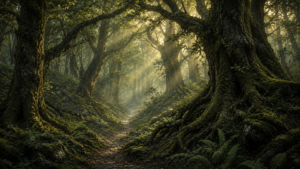 Ancient temperate forest with towering moss-covered oak trees, misty woodland path, and golden morning light, evoking the timeless atmosphere of folklore in fantasy.