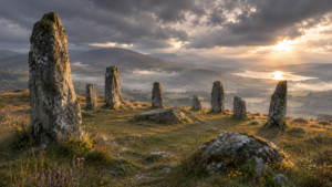 Weathered standing stones rising from a lonely hilltop beneath stormy skies, reflecting the mystery and enduring influence of folklore in fantasy.