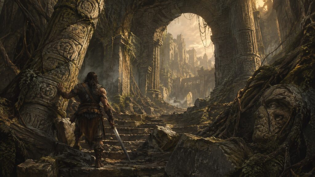 A dark-haired barbarian climbs through enormous vine-covered ruins belonging to a forgotten civilization of the Hyborian Age.