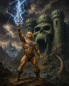 Blond barbarian (He-Man) hero raising a magical sword before the skull-shaped gates of Castle Grayskull from 1980s sword and sorcery cartoons.