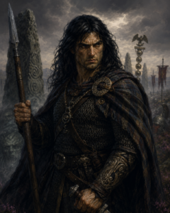 Bran Mak Morn — dark Pictish warrior with spear and standing stones