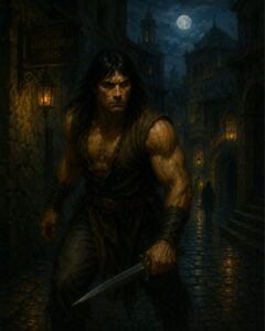Conan the thief in Zamora, one of the iconic rogues in Sword & Sorcery, stalking the moonlit streets with dagger in hand.