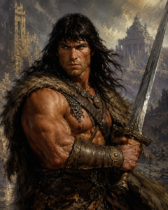 Conan — dark-haired barbarian with ruins behind him. The greatest of Sword & Sorcery Heroes