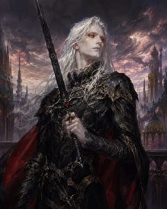 Elric — pale albino swordsman in black with the runeblade