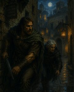 Fafhrd and the Gray Mouser, iconic rogues in Sword & Sorcery, sneaking through the moonlit streets of Lankhmar.