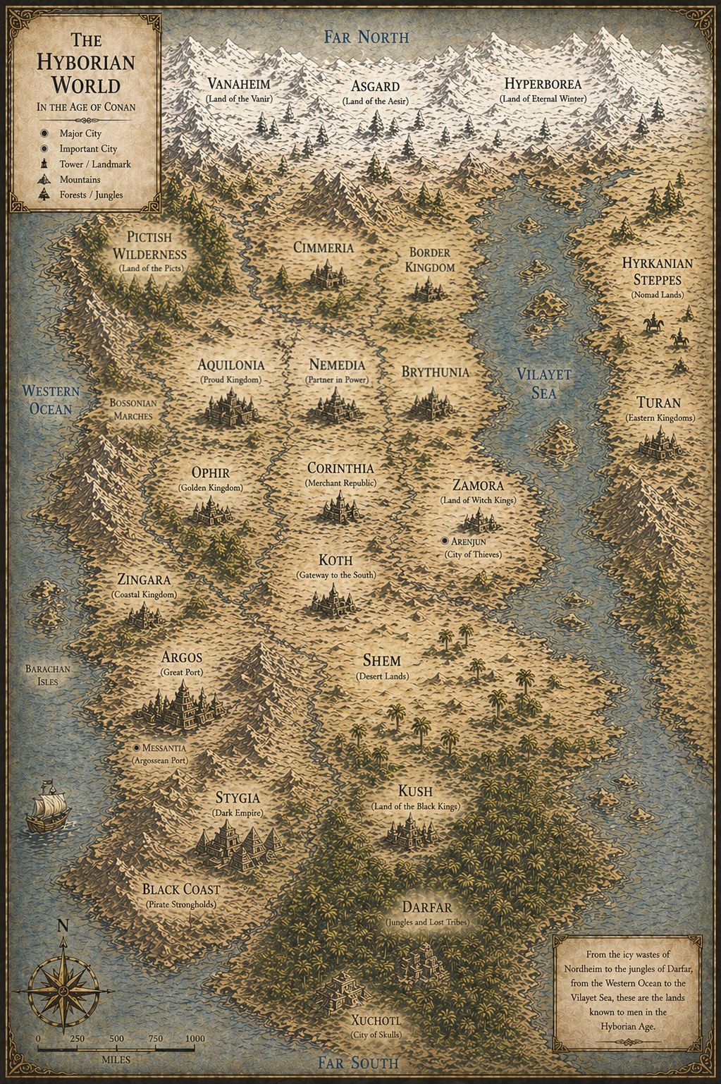 Illustrated map of the Hyborian Age showing Cimmeria, the homeland of Conan, and the kingdoms of Aquilonia, Nemedia, Zamora, Stygia and surrounding lands.