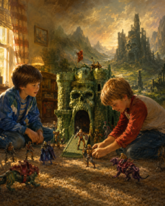 Two children playing with a skull-shaped fantasy castle and barbarian action figures from 1980s sword and sorcery cartoons.