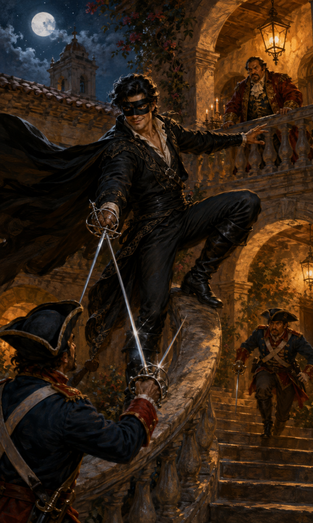 A masked swordsman in a flowing black cloak balances above several guards in a moonlit courtyard, meeting danger with an outstretched rapier and swashbuckling.
