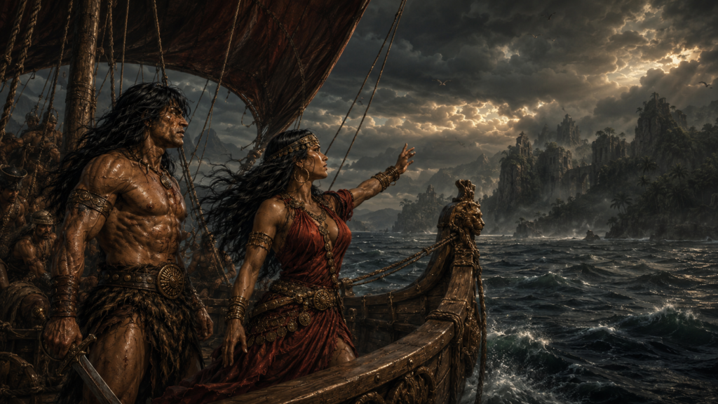Conan and the pirate queen Bêlit stand together aboard the Tigress as it crosses a dark sea towards a ruined jungle coast beneath gathering storm clouds.